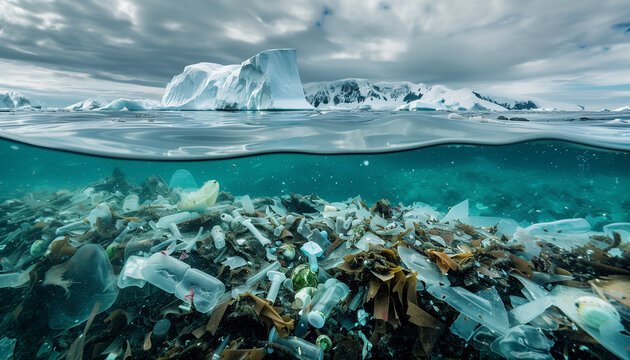 Beautiful underwater landscape cold Antarctic sea waters, icebergs with plastic bottles, bags waste. Beauty in Nature, ocean, Marine pollution, Plastic pollution and NO PLASTIC Ecology concept image