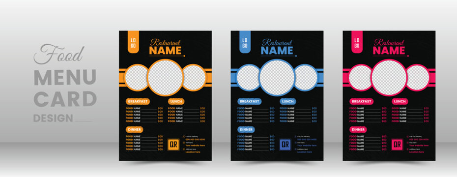 Set of restaurant menu, brochure, flyer design templates in A4 size, Pizza, burger & healthy food business promotion flyer, A bundle of 4 templates of different colors a4 Food Menu.