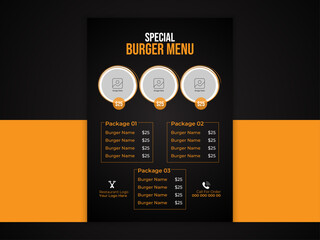 Foo Menu Design or Flyer Design Template in Dark Color, A4 Size, Restaurant Food Menu Design