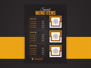 Foo Menu Design or Flyer Design Template in Dark Color, A4 Size, Restaurant Food Menu Design