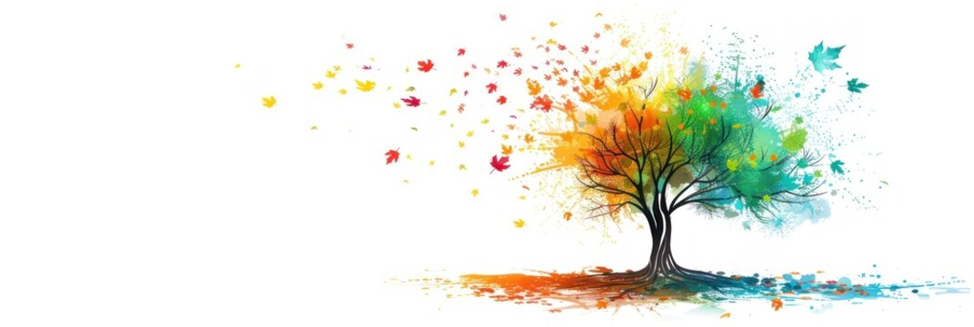 Vibrant artistic image of an autumn spring tree with colorful leaves turning into flying birds symbolizing freedom and creativity with a label for text. banner