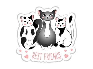 Sticker with cute gray and black and white cats isolated on white background. Vector illustration for children. "Best friends".
