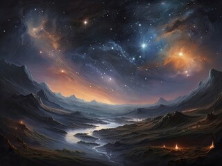 Depicting a mountain valley with a river running through it and stars in the sky above it. Generated AI. - obrazy, fototapety, plakaty