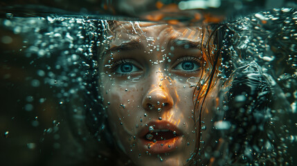 A woman is in a pool of water, her face is splashed with water