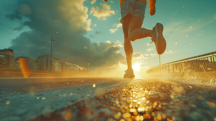 A runner is running on a wet road with a cloudy sky in the background