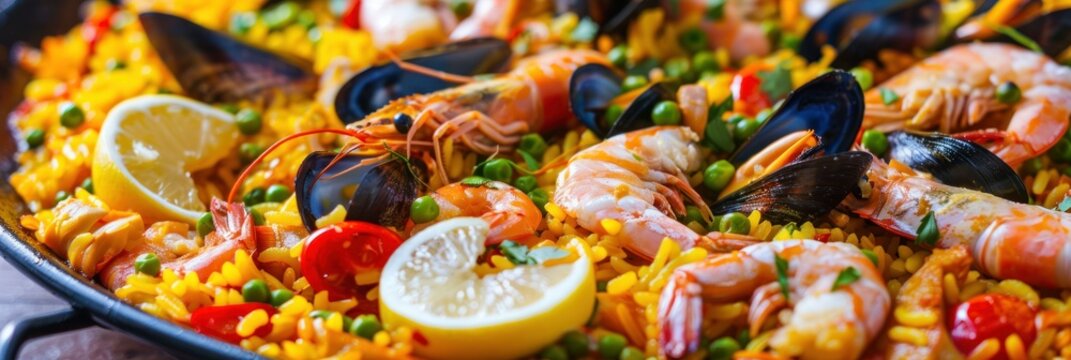 banner Spanish paella in a frying pan close-up, prepared in a restaurant. banner with space for text. concept food, spain, paella, seafood