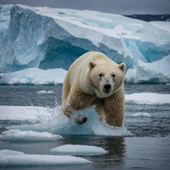 Zelfklevend Fotobehang Develop a bear image set in the pristine beauty of the Arctic, with a polar bear traversing icy landscapes against a backdrop of expansive glaciers and frozen tundra. Capture the bear in motion, perha © Muhammad