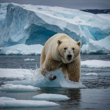 Develop a bear image set in the pristine beauty of the Arctic, with a polar bear traversing icy landscapes against a backdrop of expansive glaciers and frozen tundra. Capture the bear in motion, perha