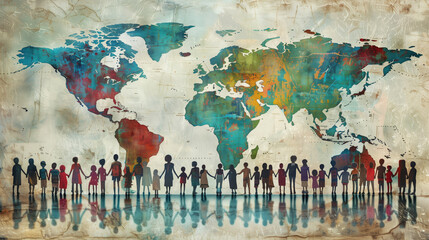 A diverse group of people from different cultures stand holding hands. Behind them, a world map, symbolizing unity and connection across borders.