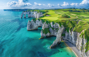 A panoramic view of the rugged cliffs and lush green meadows at etretat, with clear blue waters below, a golf course in the distance, and a quaint village nestled on its path to coastline - obrazy, fototapety, plakaty