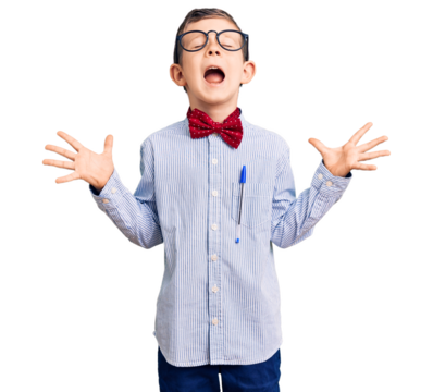 Cute blond kid wearing nerd bow tie and glasses celebrating mad and crazy for success with arms raised and closed eyes screaming excited. winner concept