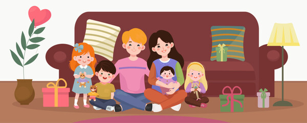 Happy family smile together in home. Father, mother, two sons, two daughter speand time together. Houseplant, balloons, lamp and charachters with gifts. Vector illustration
