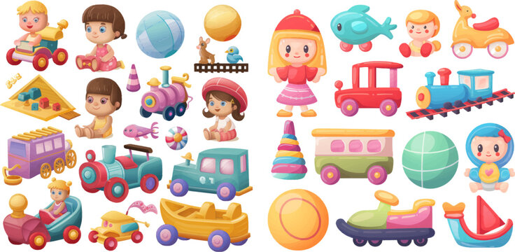 Cartoon toys railway, ball, cars, boat, boys