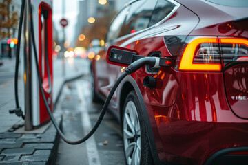 Electric car being charged with electricity at a charging station