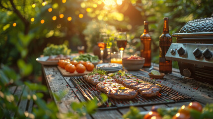 Burgers while grilling on a barbeque in a backyard during a outdoor celebration