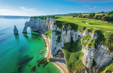 A panoramic view of the rugged cliffs and lush green meadows at etretat, with clear blue waters...