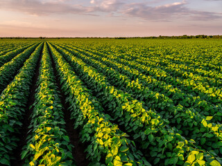 Vibrant soybean crops stretch towards the horizon beneath a sunset sky