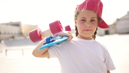 child brunette with a skateboard. girl in a red cap with a skateboard on the playground portrait. skateboarder child close-up outdoors sun glare. kid skateboarder looking lifestyle at the camera - 767831576