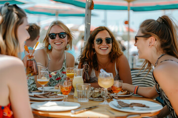 Group of friends enjoying in a restaurant in summer.