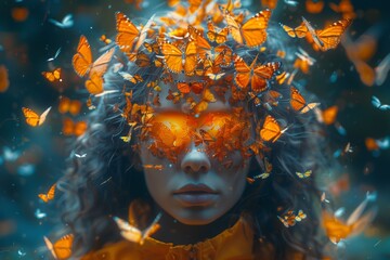 Girl surrounded by a cascade of butterflies hovering above her head in dark cyan and orange hues. Through minimal retouching, this artwork evokes the depiction of trapped emotions.