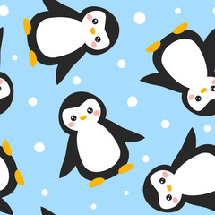 Cute black and white penguins with snowflakes on a bright blue background. Kids winter seamless pattern vector for wrapping paper, fabric and textile print.
