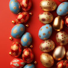 gold and red easter eggs on a red background. Easter frame of eggs painted in red gold color....