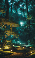 Moonlit Forest Glade. Amidst ancient trees, a moonbeam illuminates a hidden glade.