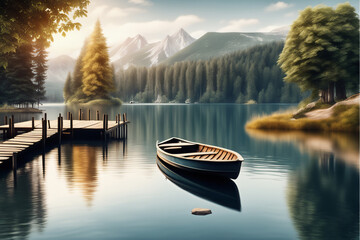 Wald mit See und Ruderboot Steg als  Hintergrund