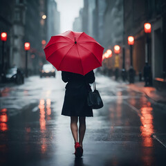 ragazza che cammina per strada sotto la pioggia con un ombrello rosso