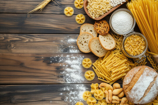 Culinary art captured in a top view photo featuring a variety of pasta, bread, snacks, and flour on a wooden texture, complete with copy space for your creative input.