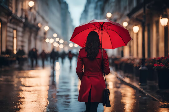 ragazza che cammina per strada sotto la pioggia con un ombrello rosso