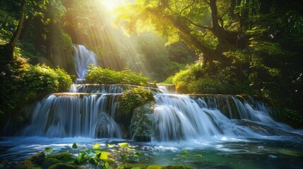 Obraz premium Tranquil mystical forest with cascading waterfalls, fairy tale magic and enchantment.