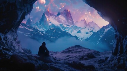 Lone figure in a cave gazing upon epic fantasy landscape of snow-capped mountains.