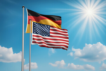 USA und BRD Flagge vor blauem Himmel im Wind als Hintergrund - 767833179