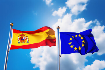 EU und Spanien Flagge vor blauem Himmel im Wind als Hintergrund - 767833190