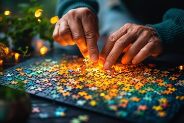Senior hands selecting a piece from a colorful jigsaw puzzle with festive lights