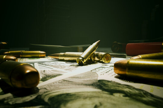 Close-Up of Bullets on US Currency Against a Dark Background