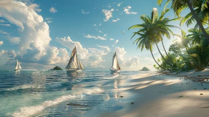  a picturesque scene of a tropical island's sandy beach lined with swaying coconut palms and small sailboats gently bobbing by the shore. © growth.ai