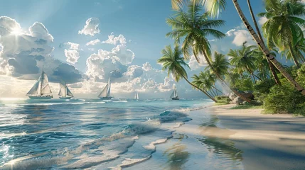 Deurstickers a picturesque scene of a tropical island's sandy beach lined with swaying coconut palms and small sailboats gently bobbing by the shore. © growth.ai