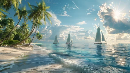Schilderijen op glas a picturesque scene of a tropical island's sandy beach lined with swaying coconut palms and small sailboats gently bobbing by the shore. © growth.ai