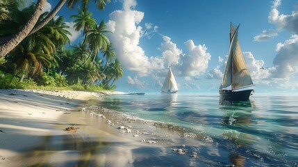 a picturesque scene of a tropical island's sandy beach lined with swaying coconut palms and small sailboats gently bobbing by the shore. - obrazy, fototapety, plakaty