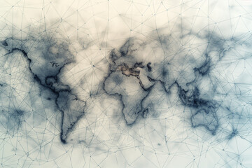 
the world map connected with lines of communication, in the style of light sky-blue and dark navy, multidimensional shading, consumer culture critique