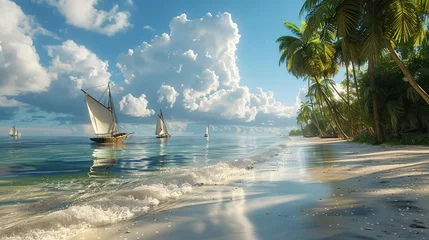 Schilderijen op glas a picturesque scene of a tropical island's sandy beach lined with swaying coconut palms and small sailboats gently bobbing by the shore. © growth.ai