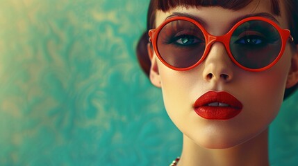 a retro-style image featuring a fashionable woman adorned in trendy sunglasses, evoking the...