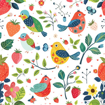 Seamless background with floral hearts lovely birds