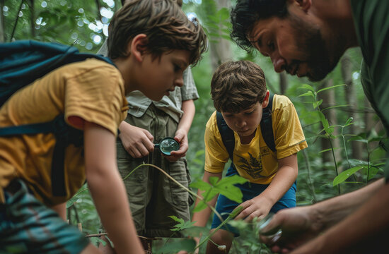 A photo of an adult and two children in nature, the boy is wearing shorts with blue short sleeves and a yellow t-shirt in his back pocket carrying backpacks looking at plants