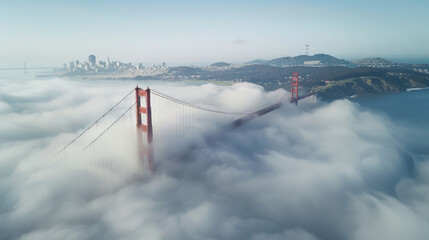 A photo of the Golden Gate Bridge with fog below, representing San Francisco's iconic landmark