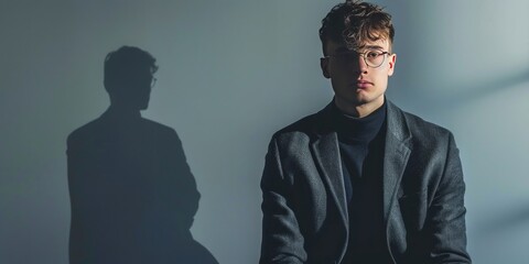 Young man in a dark coat with a thoughtful expression, casting a sharp shadow on a plain background, evoking introspection.