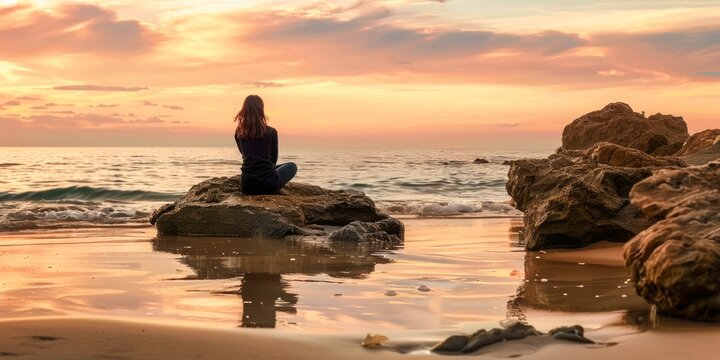 Solitary woman sits on a rock, gazing at a serene sunset over a calm sea, the sky painted with hues of gold and rose.