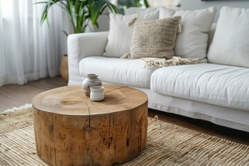 interior of living room with white sofa and wooden round coffee table. Scandinavian Style.
